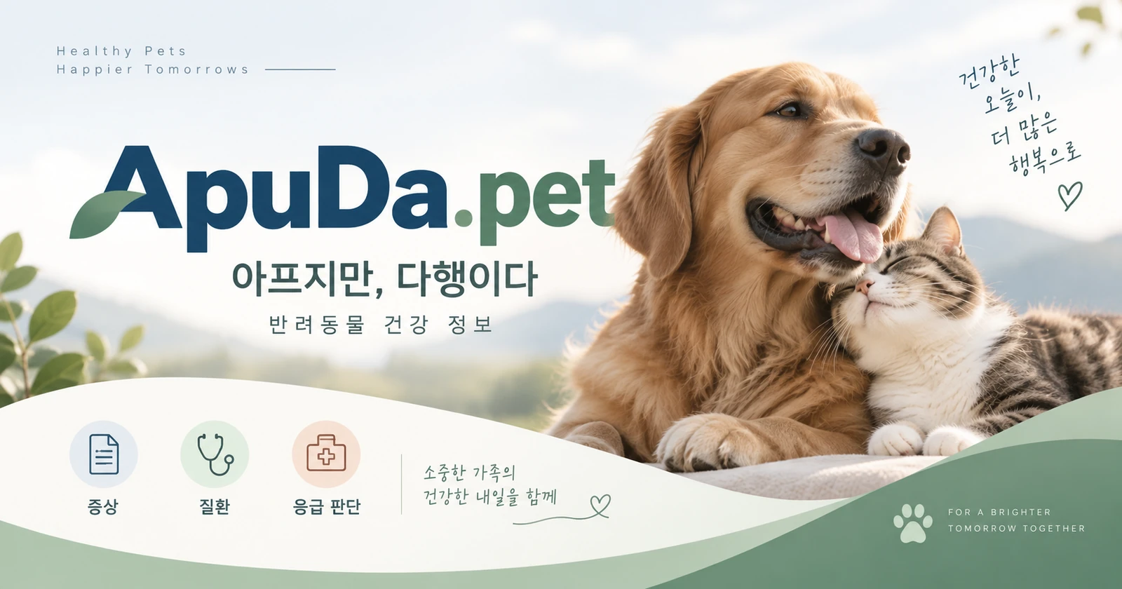 ApuDa.pet 아프지만, 다행이다. 반려동물 건강 정보 — 골든리트리버와 고양이가 함께 있는 대표 이미지